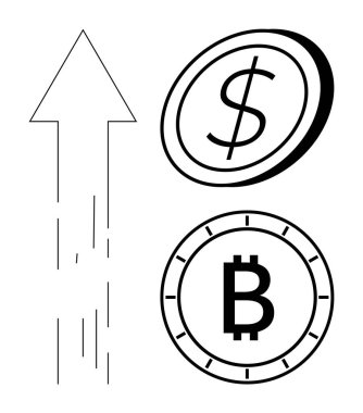 Dolar sikkenin ve Bitcoin madeni para sembollerinin yanında yukarı doğru ok büyümeyi işaret ediyor. Kripto para birimi eğilimleri, mali yatırım, ekonomik tahminler, piyasa analizleri, fintech yenilikleri, engelleme zinciri için ideal