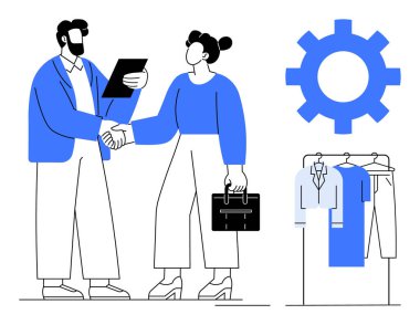 İki profesyonel el sıkışıyor, ellerinde elbise askısı ve vites sembolü olan belgeler var. İş ortaklığı görselleri, takım çalışması, üretkenlik, ticaret, moda endüstrisi için ideal