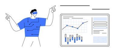 Sanal gerçeklik kulaklığı takan ve interaktif grafik arayüzle veri analiz eden bir adam. Teknoloji, sanal gerçeklik, veri analizi, iş zekası, eğitim ve yenilik için ideal