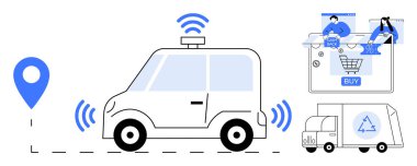 Mavi sinyalli otonom dağıtım aracı ve GPS yer imi, online alışveriş arayüzü, geri dönüşüm kamyonu. Teknoloji, e-ticaret, lojistik, akıllı şehirler, sürdürülebilirlik, ulaşım için ideal