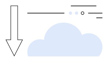 Aşağı doğru geniş bir ok açık mavi bir bulutu işaret ediyor, çeşitli çizgiler ve noktalar. Bulut hesaplama, veri depolama, konseptleri indirme, internet, teknoloji, web tasarımı, dijital hizmetler için idealdir. Çizgi