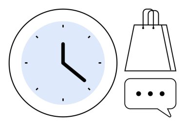 Siyah elli ve mavi yüzlü bir saat, alışveriş torbası ve elipsli bir sohbet balonu. Zaman yönetimi, perakende planlama, müşteri hizmetleri, çevrimiçi alışveriş, verimlilik tavsiyeleri için ideal