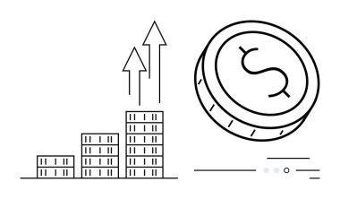 Yığılmış çubuk grafiğinin yanında dolar işareti olan yukarı doğru ok işareti olan bozuk para. Finans, yatırım, iş büyümesi, ekonomik ilerleme, pazar eğilimleri, zenginlik yönetimi ve başarı kavramı için ideal. Çizgi