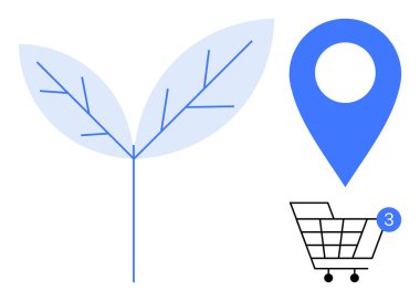 Yaprak çizimi, mavi lokasyon rozeti, tebligatlı alışveriş arabası. Çevre dostu alışveriş için ideal, çevrimiçi market, yerel üretim, sürdürülebilir perakende, dağıtım hizmetleri, yeşil iş