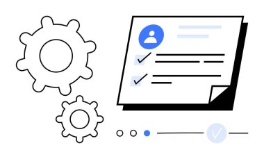Profil kontrol listesinin yanında iki vites, kontrol işaretleri, ilerleme noktaları ve bir işaret var. Proje izleme, görev yönetimi, kullanıcı profilleri, iş akışı süreçleri, üretkenlik araçları, iş için ideal