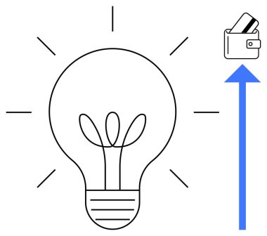 Ampulün yukarı doğru mavi okla ışık saçması finansal büyümeyi ve yenilikçi düşünceyi sembolize eder. Temalar için ideal iş, yatırım, girişimcilik ve finansmanı tetikliyor