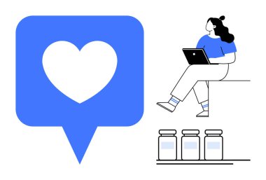 Dizüstü bilgisayarı olan kadın büyük mavi kalp simgesinin yanında oturuyor ve üç kavanoz aşağıda. Sosyal medya için ideal, çevrimiçi etkileşimler, dijital sağlık, uzaktan çalışma, teknoloji, refah, iletişim. Çizgi