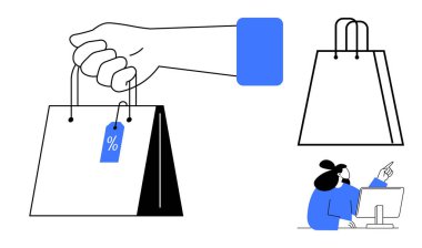 Elinde indirim etiketi olan bir alışveriş çantası, saplı bir çanta ve masaüstü bilgisayarı kullanan bir kadın. Perakende, satış, e-ticaret, alışveriş, pazarlama, indirimli promosyonlar için ideal