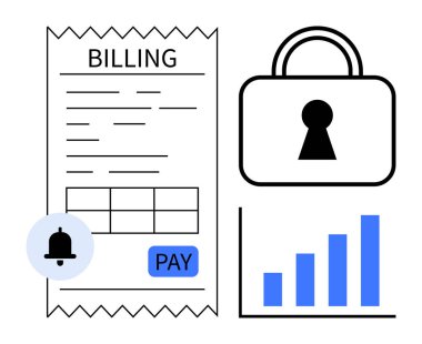 Fatura makbuzu, anahtar deliği, uyarı zili, ödeme düğmesi ve artan bar şeması. Çevrimiçi ödemeler, mali güvenlik, tebligatlar, fatura veri analiz teknolojisi için ideal