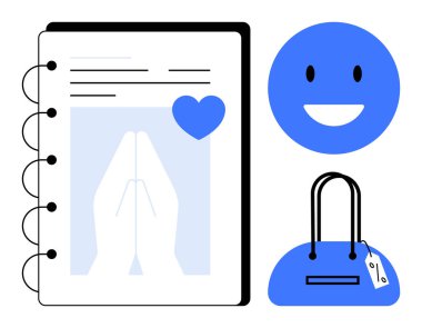 Kalp ikonu ve dua eden eller içeren defter, mutlu duygu ifadesi, ve fiyat etiketli mavi alışveriş çantası. Yaşam tarzı, alışveriş, minnettarlık, duygular, kişisel büyüme ve günlükler için ideal