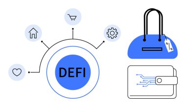 Aşk, ev, alışveriş arabası ve ayarlar için ikonları birleştirmeyi tanımla. Çip devresi ve mavi çantalı dijital cüzdan. Finans, alışveriş, güvenlik ve teknolojik yenilik için ideal