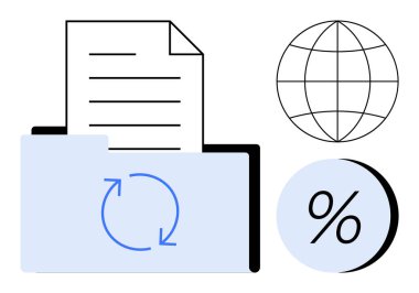 Kağıt dökümanlı dosya dizini, yeni sembol, dünya ve yüzde simgesi. Veri yönetimi, bulut depolama, üretkenlik yazılımı, iş analizi, küresel iletişim, finans için ideal