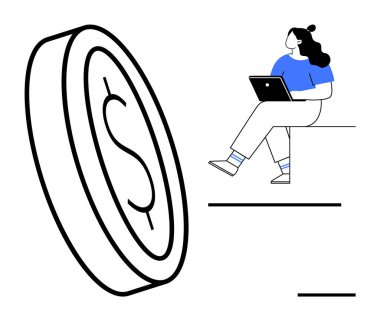 Mavi gömlekli bir kadın dizüstü bilgisayarda çalışıyor, büyük boy bir madeni para sembolünün yanında oturuyor. Finansal analiz, çevrimiçi iş, dijital ekonomi, yatırım, e-ticaret, uzaktan çalışma için ideal