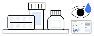 İlaç, ilaç şişeleri ve göz damlaları da dahil olmak üzere tıbbi malzemeler düzenli bir şekilde düzenlenmiş. Veri tablosu sağlık analizlerini gösteriyor. Sağlık, eczane, göz bakımı, tıbbi araştırma ve sağlık verileri için ideal