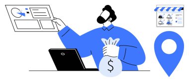 Bilgisayarlı iş adamı ekranda mali verileri analiz ediyor, para çantasını tutuyor ve konum işaretleyicisini inceliyor. Finans, iş stratejisi, yatırım, veri analizi, e-ticaret için ideal