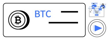 Bitcoin logosu, BTC metni, yatay hatlar, oyun düğmesi ve alışveriş arabasının üstündeki verileri analiz eden insanlar. Kripto para birimi, çevrimiçi alışveriş, e-ticaret, dijital ödemeler, iş analizleri için ideal
