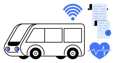 Dijital bağlantı sembolleri olan modern siyah beyaz bir otobüs. Kablosuz, tıbbi kalp kontrolü ve dijital belge ikonları da dahil. Teknoloji, sağlık hizmetleri, akıllı şehirler ve halk için ideal
