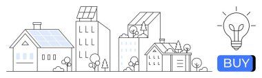 Güneş panelleri, çevre dostu ağaçları ve çalıları olan çeşitli kentsel binalar. Yanı sıra, yanan bir ampul ve satın alma düğmesi eko-alım önerir. Çevresel farkındalık ve sürdürülebilirlik için ideal