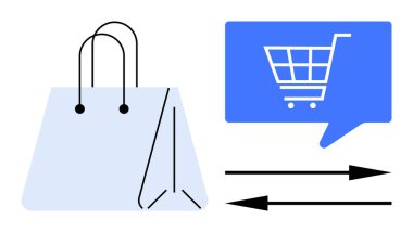 Alışveriş torbası, alışveriş arabası ikonlu sohbet balonu, siyah yönlü oklar. Çevrimiçi alışveriş, perakende pazarlama, e-ticaret siteleri, müşteri ilişkileri, dijital satış kampanyaları, tüketici