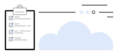 Kontrol listeli pano ve stilize bir bulutun yanında işaretler. Üretkenlik uygulamaları, dijital organizasyon, bulut depolama çözümleri, görev yönetimi, verimlilik iyileştirmesi, hedef belirleme için ideal