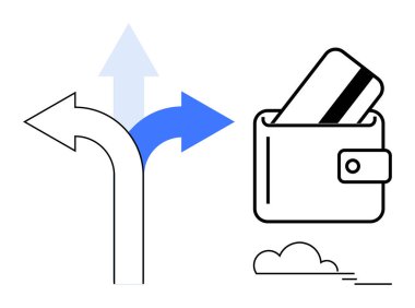 Farklı yönlere bakan üç ok, kredi kartlı cüzdan, küçük bulut. Finans, karar verme, tasarruf, yatırım, bütçe yönetimi bankacılığı için ideal. Satır metaforu