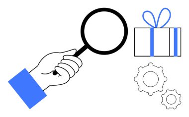 Elinde büyüteç, yanında mavi kurdeleli hediye kutusu, iki vites. Arama, keşif, teftiş, hediye bulma, sorun çözme iş analizi yeniliği için ideal. Satır metaforu
