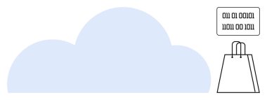 Açık mavi renkli bulut, ekranda ikili kod ve alışveriş poşeti grafiği. Çevrimiçi alışveriş, dijital güvenlik, bulut bilgisayarı, veri depolama, teknoloji sektörü, dijital işlemler ve bilişim için ideal