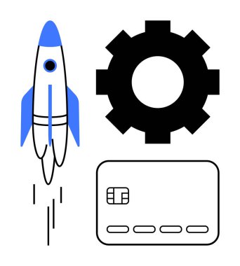 Roket fırlatma, teçhizat ve kredi kartı birlikte yenilik, teknoloji ve finans sunar. Başlangıç büyümesi, dijital cüzdan, fintech, mühendislik çözümleri otomasyonu için ideal mali
