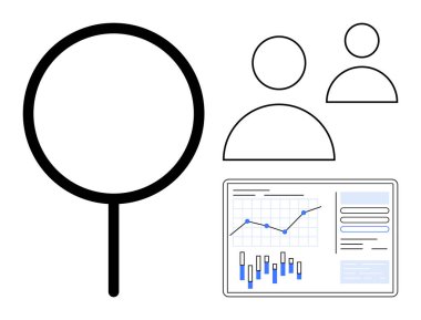 Büyüteç, iki soyut insan figürü ve grafikli bir veri analiz paneli. İş analizi için ideal, takım işbirliği, veri odaklı karar verme, piyasa araştırması, mali