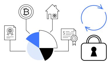 Ortadaki pasta şeması Bitcoin, ev, sertifikalar ve kilitli bir asma kilit ile bağlantılı. Finans, yatırım, teknoloji, kripto para birimi emlak güvenliği için ideal. Satır metaforu
