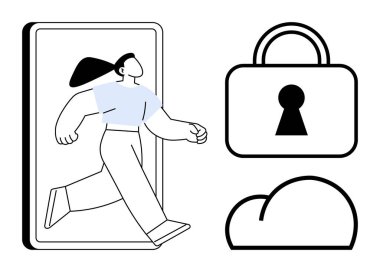 Telefondan çıkan bir kadın, kilit deliğiyle asma kilit ve bulut simgesi. Dijital güvenlik, çevrimiçi gizlilik, veri koruması, bulut hesaplama, teknoloji özgürlüğü, kullanıcı özerkliği ve İnternet güvenliği için ideal