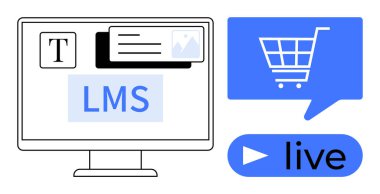 LMS arayüzü, metin ve resim yükleme ile bilgisayar ekranı. Alışveriş arabası ve canlı düğme dahil mavi simgeler. Çevrimiçi öğrenim, e-ticaret, webinarlar, canlı yayın, dijital pazarlama için ideal