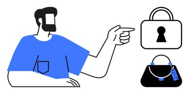 Adam asma kilidi ve el çantasını işaret ediyor. Güvenlik ve kişisel eşyaların korunduğunu gösteriyor. Güvenlik, gizlilik, koruma, kişisel eşyalar, güvenlik, farkındalık için ideal. Çizgi