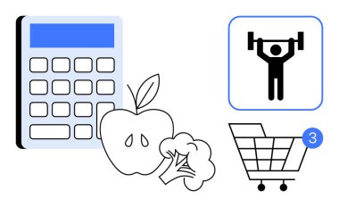 Hesap makinesi, elma, brokoli, spor salonu ikonu ve tebligatlı alışveriş arabası. Fitness, diyet planlaması, çevrimiçi alışveriş sağlığı uygulamalarının bütçelendirilmesi market listeleri ve sağlık blogları için ideal. Satır metaforu