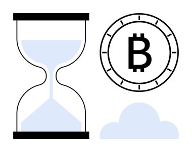Çemberde Bitcoin sembolü, kumlu kum saati ve bulut şekli kripto para birimini, zamanı ve bulut hesaplamasını temsil ediyor. Engelleme zinciri, finans, dijital para birimi, yatırım, teknoloji, İnternet için ideal