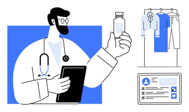 Doktor elinde ilaç şişesi ve tablet tutuyordu. İnternette tıbbi profilini bir elbise rafının yanında gösteriyordu. Sağlık, teletıp, e-ticaret, tıbbi uygulamalar, çevrimiçi danışma, tıbbi danışma için ideal