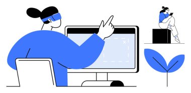 Bireysel olarak VR kulaklık ve bilgisayar, bir blok üzerinde tabletle oturan bir diğeri ve bir bitki filizi. Teknoloji, eğitim, yenilik için ideal, evden çalışma, oyun, dijital