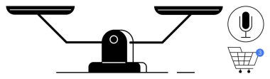 İki plakalı denge terazisi, mikrofon ikonu, bildiri rozetli alışveriş arabası ikonu. Dijital ticaret, karar verme, e-ticaret, pazarlama, teknoloji, iletişim, uygulama için ideal