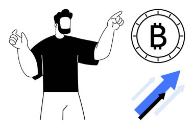 Bitcoin sembolü ve yukarı bakan oklar büyüme ve yatırım potansiyelini gösteriyor. Kripto para birimi, yatırımlar, finans, blok zinciri, ekonomik büyüme, dijital para birimi, pazar için ideal