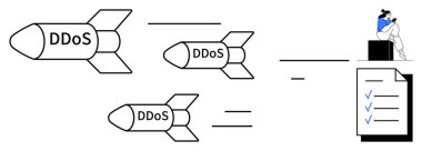 DDoS etiketli üç füze kontrol işaretli bir listeye doğru uçuyor ve bir kişi de dizüstü bilgisayar kullanıyor. Siber güvenlik, bilişim, çevrimiçi güvenlik, ağ koruması, risk yönetimi ve teknoloji için ideal