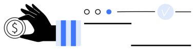 Stylized hand holding a coin with a dollar sign. Three UXUI interface indicators, one highlighted in blue, and a progress indicator with a checkmark. Ideal for finance, progress tracking, settings clipart