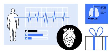 Kalp atışı grafiği, detaylı kalp ve akciğer çizimleri ve hediye kutusu olan insan figürü. Tıp eğitimi, tanı, sağlık, kardiyoloji, pulmonoloji, eğitim hediye temaları için ideal