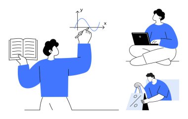 Grafik incelerken kitap okuyan bir kişi, dizüstü bilgisayarla oturan bir diğeri ve alışveriş torbaları taşıyan üçüncü kişi. Eğitim, e-öğrenim, analiz, alışveriş, iş ve araştırma için ideal