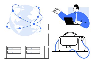 Profesyonel iş adamı dizüstü bilgisayar, birbirine bağlı dünya, sunucular ve iş çantası üzerinde çalışıyor. Küresel iletişim, uzaktan çalışma, teknoloji, iş seyahati, ağ oluşturma, veri yönetimi için ideal