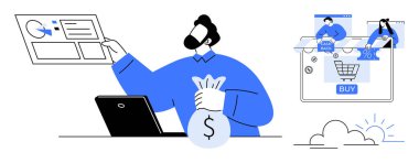 Adam para çantası tutuyor ve dizüstü bilgisayarında çizelgeleri analiz ediyor. Kadın online alışveriş için tablet kullanıyor. İş, finans, teknoloji, e-ticaret, pazarlama, veri analizi için ideal. Çizgi