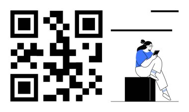 Large black QR code next to a young person with a bun sitting on a black block reading a smartphone. Ideal for technology, digital marketing, tech education, connectivity, modern communication, app clipart