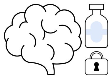 İlaç şişesi ve kilidin yanındaki beyin taslağı. Zihinsel sağlık, psikiyatrik bakım, ilaç güvenliği, bilişsel sağlık, beyin tedavisi, duygusal refah, güvenlik için idealdir. Çizgi