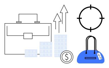Yükselen grafiğin ve bozuk paraların yanında bir de fiyat etiketi ve hedef dürbünü olan alışveriş poşeti. İş stratejisi, finans büyümesi, perakende pazarı, hedef belirleme, e-ticaret, satış için ideal