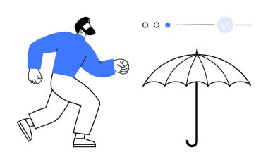 Mavi kıyafetli bir adam siyah şemsiyeye doğru koşuyor. Üç aşamalı ve işaretli ilerleme çubuğu. Sigorta, hava durumu, motivasyon, hedefler, ilerleme takibi, verimlilik için ideal. Satır metaforu