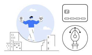 Şehir manzarası üzerinde yürürken fikir ve tokalaşma sembollerini dengeleyen bir adam. Kredi kartı ve kalem ucu dahil. Girişimcilik, finans, yaratıcılık, iş anlaşmaları, yenilik, pazarlama için ideal